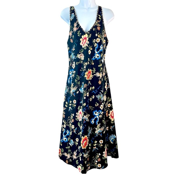 Natori 90s Y2K Eden Midi Satin Slip Dress S Black Floral Asian Print Nightgown - Picture 1 of 13